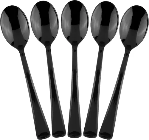 Kochorie Paquete de 180 cucharas de plástico negras, utensilios desechables resistentes, 6.8 pulgadas, cucharas negras para fiesta a granel para