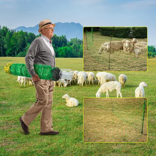 Miniatura 9 de TMEE Red eléctrica para valla de ganado para cabra con 14 postes de doble pincho, malla portátil para ovejas, ciervos, cerdos, perros en patios