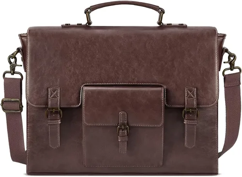 Miniatura 9 de Bolsa de mensajero de cuero para hombres y mujeres, 15.6 pulgadas, impermeable, de cuero vintage, maletín para laptop, bolso de hombro grande, bolsa