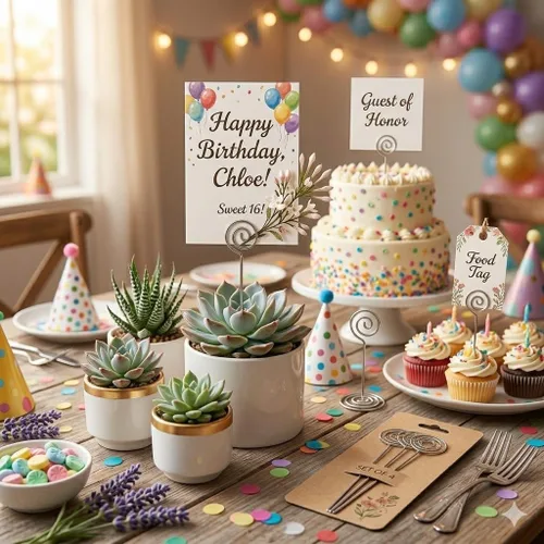 Miniatura 8 de HOHIYA Paquete de 50 tarjeteros florales de 5 pulgadas, clip de fotos de alambre inoxidable para bodas, tarjetas de mesa, números, notas, pasteles