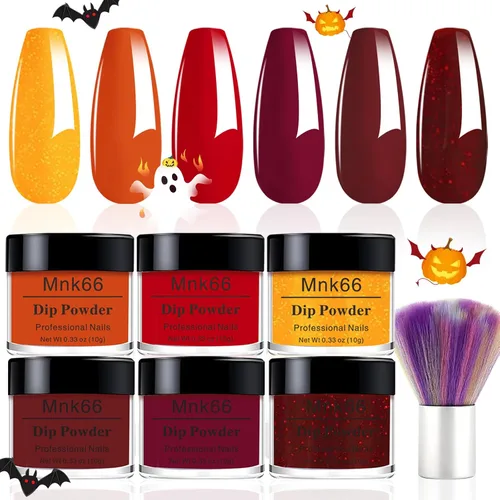 Miniatura 18 de Juego de polvo de inmersión de 6 colores, set de colores para uñas con vino tinto oscuro, rojo oscuro, naranja, set de polvo de inmersión para uñas