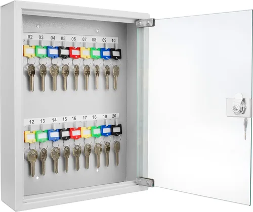 Miniatura 9 de Barska Caja con cerradura de llave con puerta de cristal, organizador de gabinete de llaves de acero para montaje en pared con ganchos etiquetados