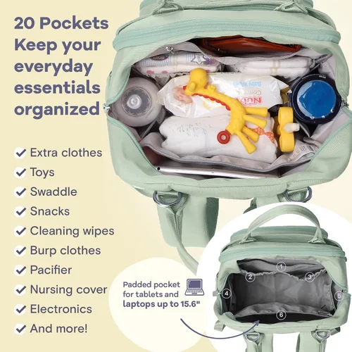 Miniatura 4 de RUVALINO Mochila para pañales - Bolsa de viaje multifunción para bebé con cambiador, soportes aislados para botellas y funda para chupete, gran