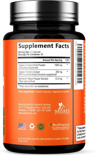 Miniatura 9 de Suplemento de curcumina de cúrcuma – 1800 mg de cúrcuma orgánica por porción – 95% de curcuminoides y extracto de pimienta negra BioPerine para una