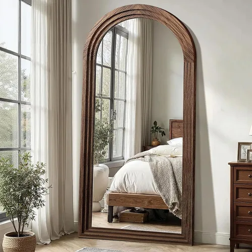 Miniatura 9 de Delma Espejo Arqueado de Cuerpo Entero con Marco de Madera Maciza, 55x24 Espejo de Piso Montado en Pared Estilo Granja con Soporte, Colgado