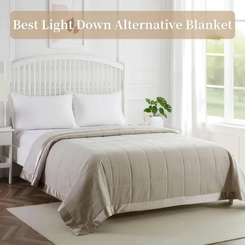 Miniatura 7 de COMFLIVE Manta de tamaño King para cama, manta alternativa de plumón con ribete satinado, manta ligera para todas las estaciones – Invierno verano