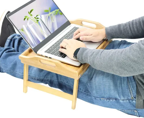 Miniatura 6 de KKTONER Bandeja de mesa de cama de bambú con patas plegables, bandeja de desayuno para cama con patas plegables para comer y portátil, bandejas