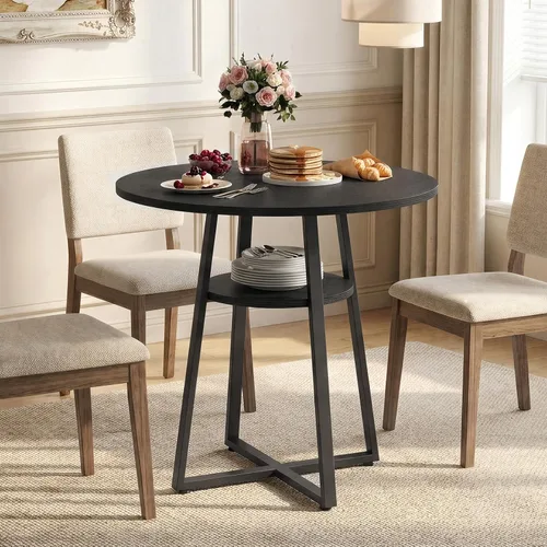 MAHANCRIS 31.5" Round Dining Table for 2-4, Farmhouse Kitchen Table with Storage Shelf, Small Circle Dining Table Space Saving, for Dining Room,