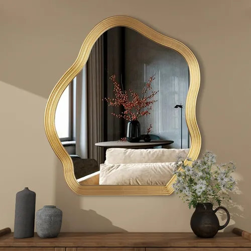 SHYFOY Espejo de pared dorado antiguo, espejo decorativo asimétrico para decoración de pared, espejos ornamentados grandes irregulares para sala de