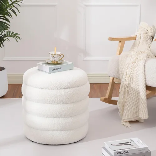 Miniatura 6 de Teddy Sherpa - Otomana redonda con almacenamiento, taburete tapizado moderno, reposapiés, pequeño ramo blanco otomano de almacenamiento