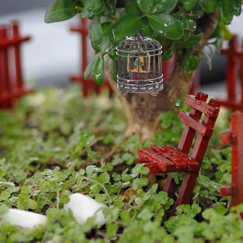 Miniatura 6 de NUOBESTY Mini adorno de jaula de pájaros pequeña casa de muñecas jaula para pájaros 1 12 escala pequeña decoración de casa pequeña jaula de metal