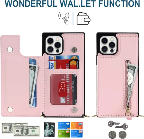 Miniatura 4 de Funda cruzada para teléfono iPhone 12 / iPhone 12 Pro de cuero con tarjetero, funda protectora extraíble y ajustable con botón compatible con iPhone
