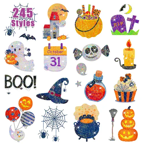 Partywind Tatuajes de Halloween con purpurina de 245 estilos para golosinas infantiles, decoraciones de fiesta de cumpleaños de Halloween,