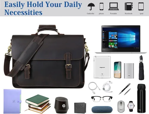 Miniatura 5 de Bolsa de mensajero de cuero para hombres 17.3 pulgadas maletín para computadora portátil de grano completo de cuero de grano completo bolsa de viaje