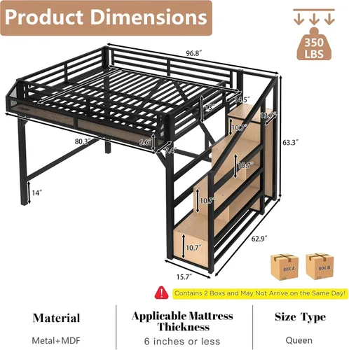 Miniatura 2 de Bellemave Cama tipo loft de metal tamaño Queen con escaleras de almacenamiento, estantes y armario, marco de cama tipo loft tamaño Queen con luces