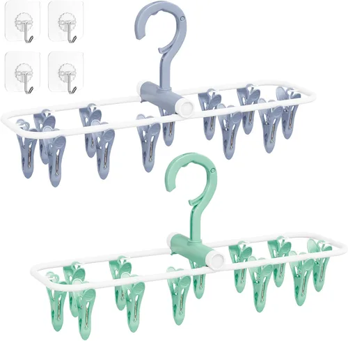 Percha de secado de ropa con 12 clips, paquete de 2 estantes de secado plegables portátiles para colgar, estante plegable de goteo, gancho giratorio