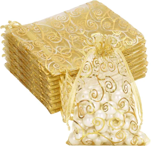 G2PLUS Bolsas de regalo de organza de 4 x 6 pulgadas, 50 bolsas de organza de malla transparente con estampado de ratán dorado, bolsas de joyería de