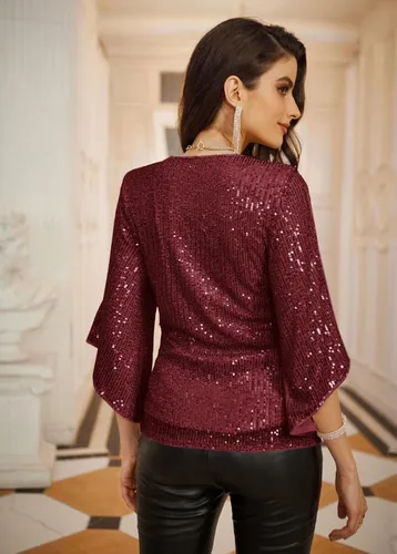 Miniatura 3 de GRACE KARIN Blusa de lentejuelas para mujer, manga 34, purpurina brillante, blusa de fiesta con cuello en V, tops elegantes para fiesta de noche