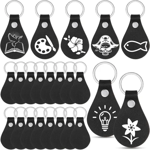 Geetery Kit de llavero de piel sintética, 100 unidades en blanco, llavero a granel con remaches, llaveros DIY para grabado láser (negro)