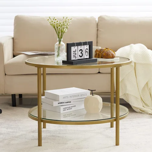 Miniatura 3 de VINGLI Mesa de Centro de Cristal, Mesa de Centro Redonda de 25.6" Dorado Champán para Sala de Estar, Mesa de Centro de Cristal de 2 Niveles con Oro