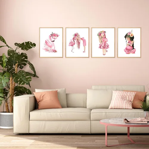 Miniatura 8 de Lienzo decorativo para pared de niña flamenco, cuadro rosa acuarela princesa floral decoración de animales para baby shower, baño, cuarto de bebé