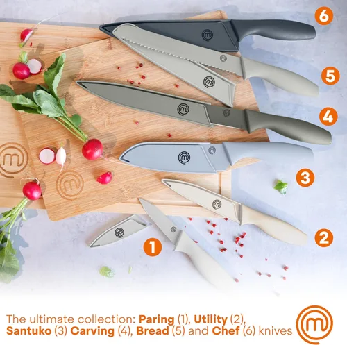 Miniatura 2 de MasterChef Juego de cuchillos de cocina con cubiertas, 6 cuchillos de chef profesionales para cocinas domésticas, hojas de acero inoxidable de corte