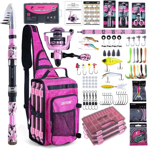 Miniatura 20 de Goture Combo de caña de pescar y carrete rosa - Carrete giratorio ML Action con bolsa rosa - Kit de caña telescópica para principiantes, viajes