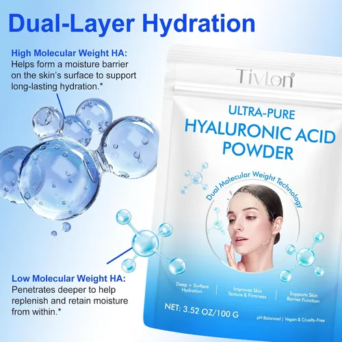 Miniatura 2 de Paquete de 2 polvos de ácido hialurónico para la piel, alto peso molecular, profundamente hidratante, polvo soluble en agua de grado cosmético