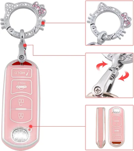 Miniatura 4 de Pangpai Funda para llavero Mazda rosa, funda de TPU suave con llavero brillante para control remoto inteligente 3, 6, Miata MX-5, CX-5, CX-9