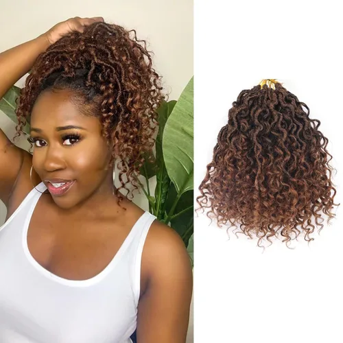 Miniatura 18 de Cabello de Crochet de 8 Pulgadas para Mujeres Negras, 7 Paquetes de Cabello de Crochet Goddess Locs con Puntas Rizadas, Locs Falsos Cortos con Bucle