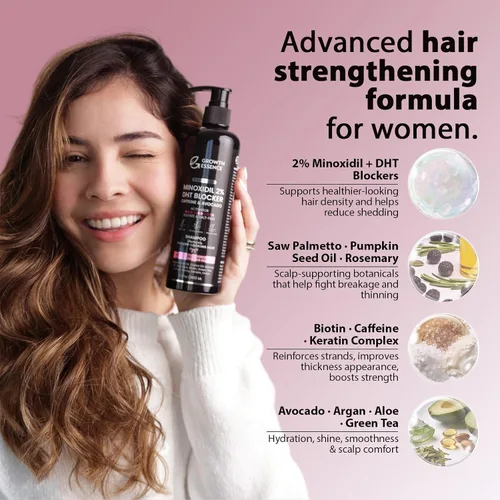 Miniatura 2 de Champú Minoxidil al 2% para mujer – Growth Essence Premium, champú para el crecimiento del cabello con biotina, cafeína y bloqueadores de DHT