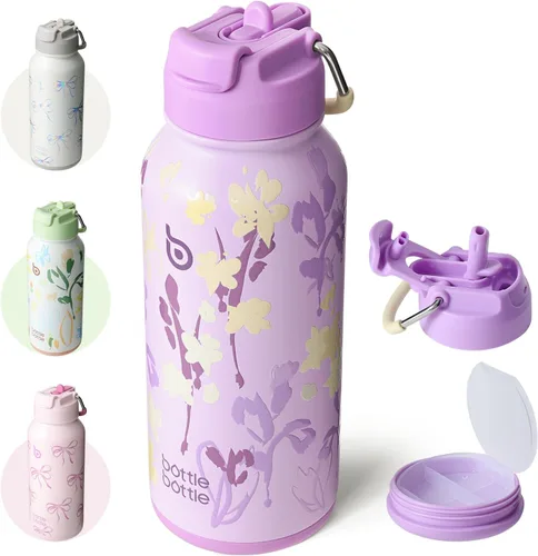 Miniatura 14 de BOTTLE BOTTLE Botella de agua deportiva de acero inoxidable de 32oz con aislamiento, botella de agua con pajita con diseño de tapa de doble uso