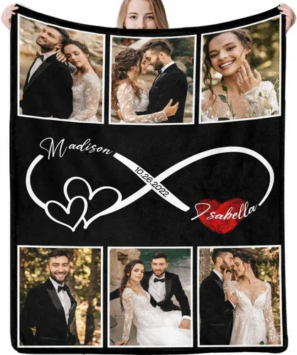 Miniatura 14 de Manta de fotos personalizada, manta de pareja de boda, con texto en inglés «He Asked And She Said Yes», 4 fotos, manta de boda, regalo romántico