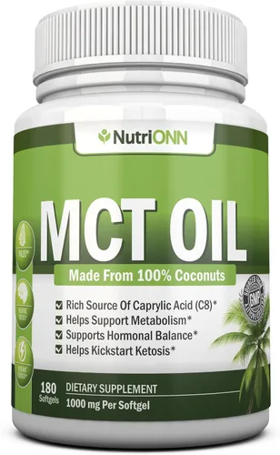 NutriONN Aceite MCT, 3000 mg por porción, 180 cápsulas blandas, hecho de cocos 100% orgánicos, sin OMG, prensado en frío, cápsulas aptas para paleo,