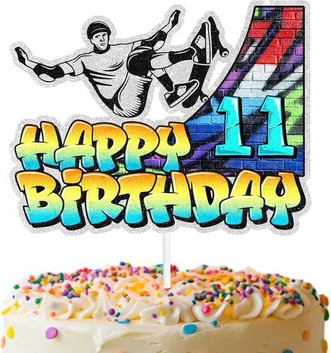 Miniatura 11 de Decoración de pastel de patineta retro hip hop, temática musical de décimo cumpleaños, decoración de grafiti feliz para niños y niñas, decoración