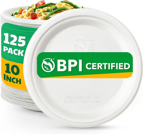 Platos de papel 100% compostables, 10 pulgadas, 125 unidades, platos de bagazo biodegradables, platos desechables resistentes a granel para fiestas,