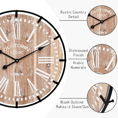 Miniatura 4 de Reloj de pared grande de granja, reloj de pared de madera rústica de 24 pulgadas decorativo con círculo de metal y números grabados, funciona