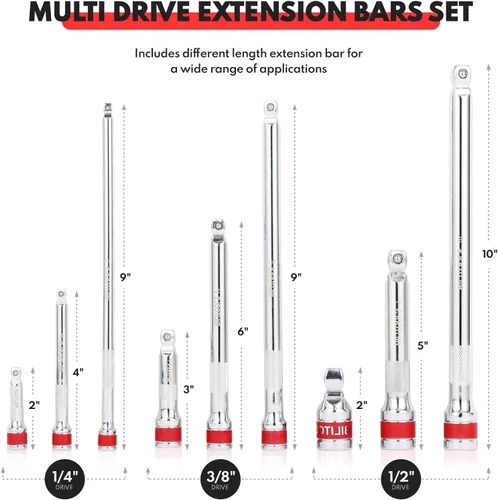 Miniatura 3 de BILITOOLS Juego de extensión articulada, 9 piezas de 1/4", 3/8" y 1/2" de encastre de trinquete de extensión flexible, acero Cr-V