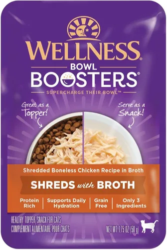 Miniatura 9 de Wellness Bowl Boosters Shreds with Caldo Wet Cat Food Topper, sin granos, natural, receta de atún en hojuelas y camarones, 1.75 onzas, paquete de 12