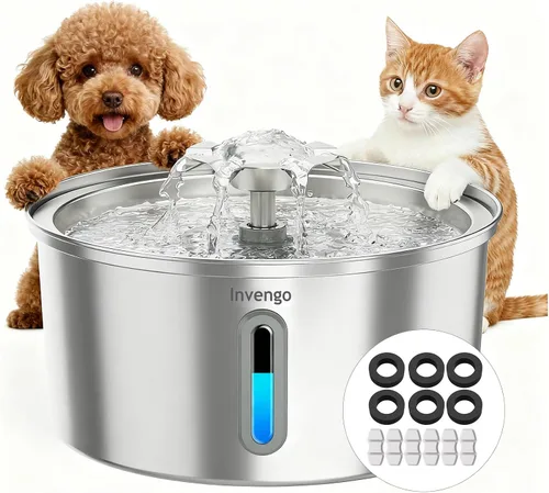 Miniatura 10 de Invengo Fuente de agua para gatos de acero inoxidable de 3.2L/108 onzas, fuente automática para mascotas para gatos y perros, bomba ultra silenciosa
