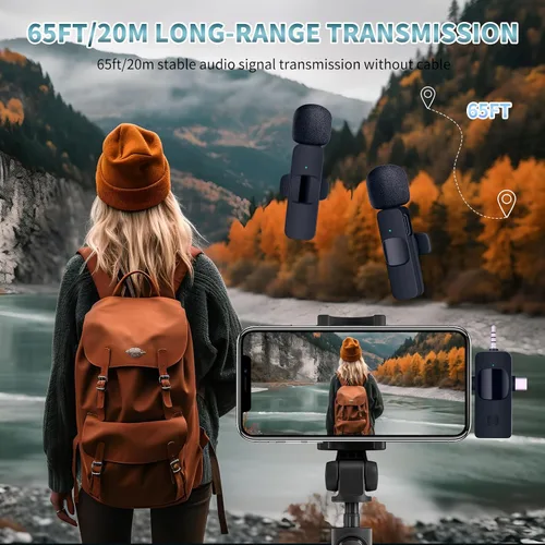 Miniatura 2 de AMOOX Micrófono Lavalier inalámbrico para cámara de iPhone, transmisión en vivo, vlogging, micrófono omnidireccional inalámbrico, micrófono