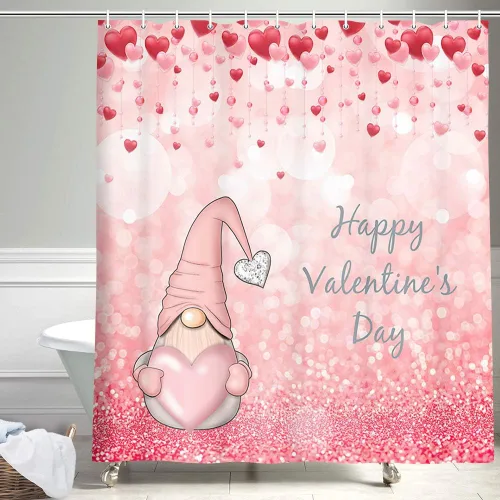 Miniatura 2 de NYMB Cortina de ducha de San Valentín con corazón rosa, romántica con purpurina y lindo gnomo en caída romántica de corazones rojos, cortina
