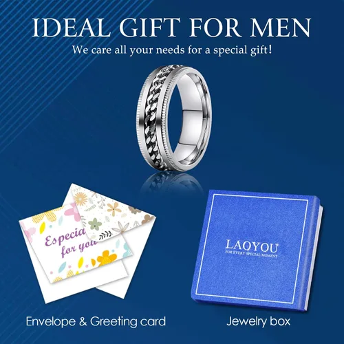 Miniatura 13 de LAOYOU Anillo giratorio para hombre para alivio de la ansiedad 0.315 in de acero inoxidable negro anillo de ansiedad con incrustaciones de cadena
