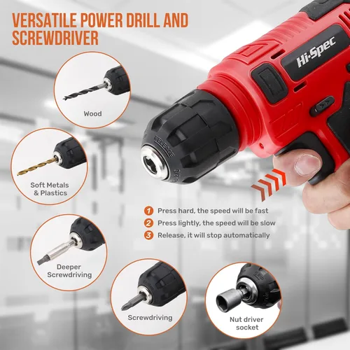 Miniatura 2 de Hi-Spec Juego de herramientas con taladro inalámbrico de 8 V. Kit completo de herramientas de bricolaje con taladro eléctrico recargable por USB Rojo