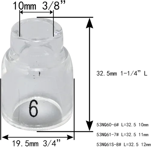 Miniatura 2 de RIVERWELD TIG - Vasos de vidrio con boquilla de cuarzo transparente 53N60 6# 3/8 pulgadas 0.374 in, 53N61 7# 7/16 pulgadas 0.433 in, 53N61S 8# 1/2