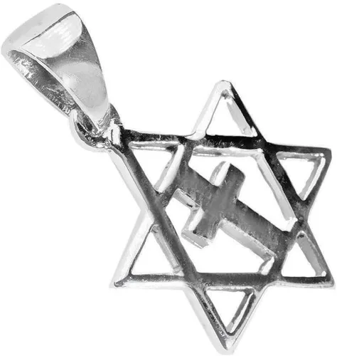Colgante clásico de plata 925 de estrella mesiánica de David con cruz, Israel Jerusalén Tierra Santa Regalo Plata maciza 925 Collar