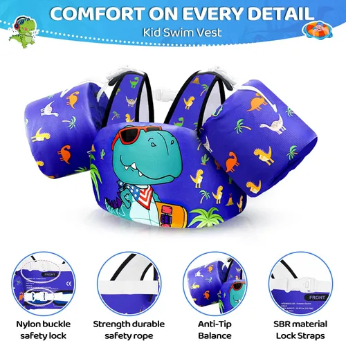 Miniatura 7 de Vvinca Chaleco de natación para niños pequeños de 22 a 66 libras (2 a 6 años) - Flotadores de piscina 3 en 1 para niños con bandas de brazo