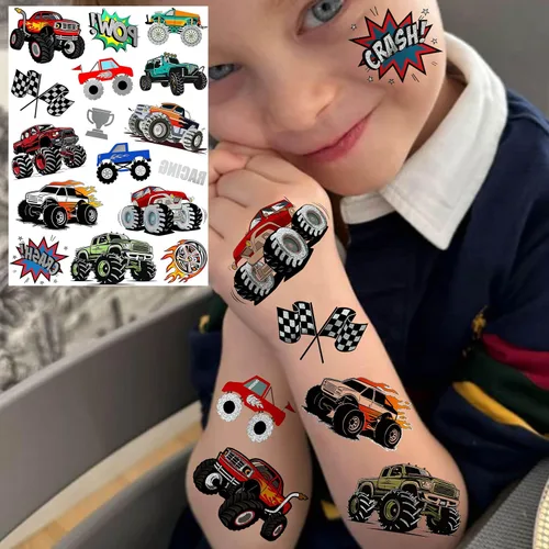 Miniatura 2 de Más de 61 piezas de tatuajes temporales de camión monstruo para niños y niñas, con purpurina brillante plateada metálica, calcomanías falsas