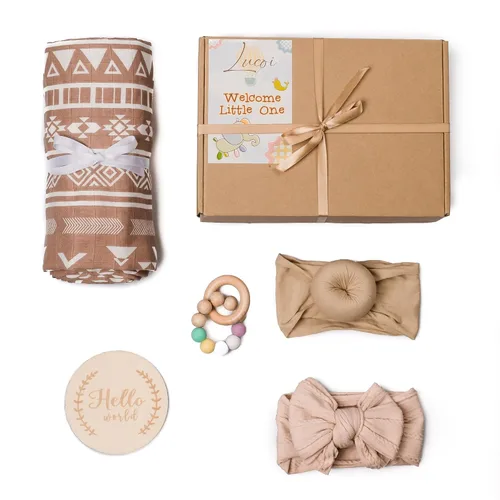 Miniatura 7 de Set de regalo para niña – 5 piezas para baby shower con manta de muselina para envolver, mordedor de madera, diademas y tarjeta de hito de Hello