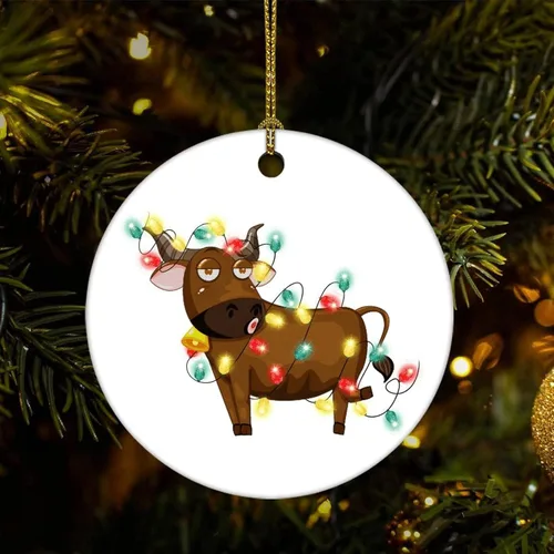 Cheyan Animales y luces de vaca adorno de Navidad, adorno de árbol de Navidad para decoración del hogar, adorno de porcelana, adorno colgante de